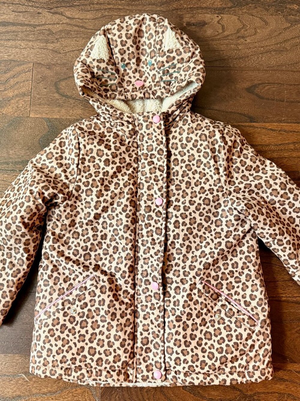 Mini Boden Hooded Leopard Print Sherpa Lined Coat, Size 6-7